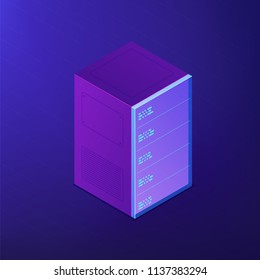 Isometric server rack with pluged in equipment. Server digital devices. Data storage, office network control and system administration concept. Ultraviolet background. Vector 3d illustration.