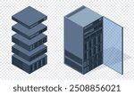 Isometric server. Server racks. Server boxes isolated. Network server room. Computer network technology. Vector illustration