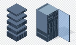 Isometric server. Server racks. Server boxes isolated. Network server room. Computer network technology. Vector illustration