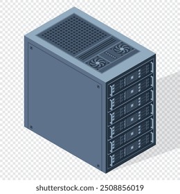 Isometric server. Server racks. Server boxes isolated. Network server room. Computer network technology. Vector illustration