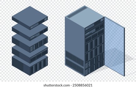 Isometric server. Server racks. Server boxes isolated. Network server room. Computer network technology. Vector illustration