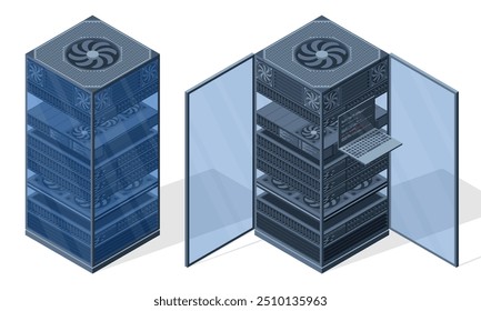 Servidor isométrico. Racks de servidores. Cajas de servidor aisladas. Sala de servidores de red. Tecnología de red informática. Ilustración vectorial