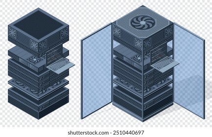 Isometric server. Server racks. Server boxes isolated. Network server room. Computer network technology. Vector illustration