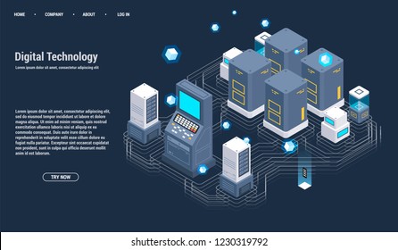 Isometric Server room and big data processing concept, datacenter and data base icon, digital information technology, neon dark gradient