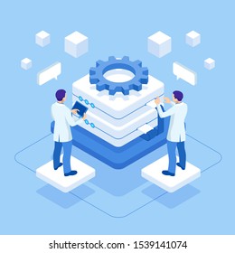 Isometric Server room and big data processing concept. Big data storage and cloud computing computer service business