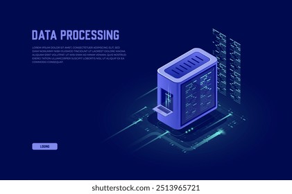 Isometric Server Room and Big Data Processing Concept: Datacenter, Database Icon, and Digital Information Technology