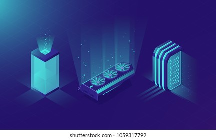 Isometric server room, concept of vector servers rack, neon design, crypto currency mining equipment set, video card data center and database icons