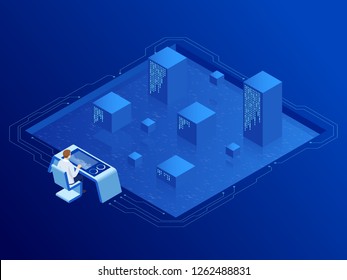 Isometric server room in datacenter. Administrator Monitors Work of Artificial Intelligence. Professional IT Engineers Working in System Control Center. Isometric server room in datacenter. Administrator Monitors Work of Artificial Intelligence. Professional IT Engineers Working in System Control Center.