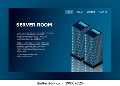 Isometric server room. Futuristic technology of data protection and processing. Mainframe, powered server, high technology concept, data center. Vector illustration