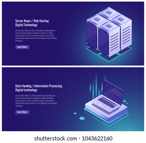 Isometric Server room rack, web hosting, cloud data storage, data handing, information processing, laptop digital technology vector illustration on ultraviolet background Isometric Server room rack, web hosting, cloud data storage, data handing, information processing, laptop digital technology vector illustration on ultraviolet background