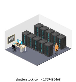 Isometric Server Room - Vector Icon Illustration.