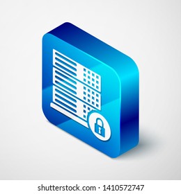 Isometric Server security with closed padlock icon isolated on white background. Security, safety, protection concept. Blue square button. Vector Illustration