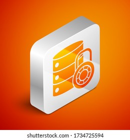 Isometric Server security with closed padlock icon isolated on orange background. Security, safety, protection concept. Silver square button. Vector Illustration