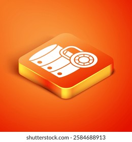 Isometric Server security with closed padlock icon isolated on orange background. Security, safety, protection concept.  Vector Illustration