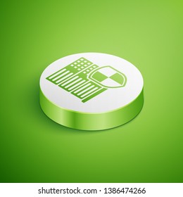 Isometric Server with shield icon isolated on green background. Protection against attacks. Network firewall, router, switch or server, data, center. White circle button. Vector Illustration