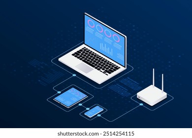 Isometric server storage, financial technology Laptop, tablet, mobile, router wifi and server isometric.