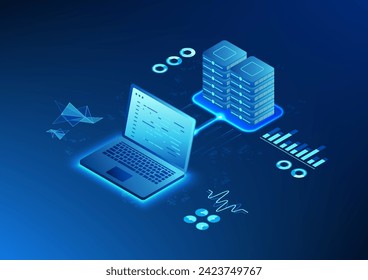 Servidor isométrico, un servidor que controla el procesamiento y almacenamiento de archivos en el equipo de una organización, un portátil conectado a un servidor de envío y recepción de datos, cargando elementos