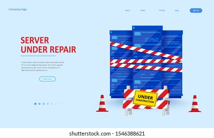 Isometric server under repair. Big data dark server room with server equipment and yellow warning tape.