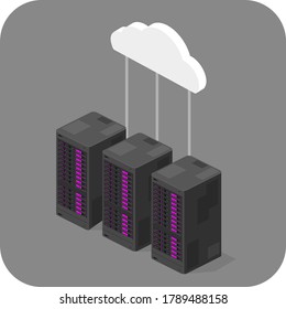 Isometric Servers Connected to The Cloud - Vector Icon Illustration.