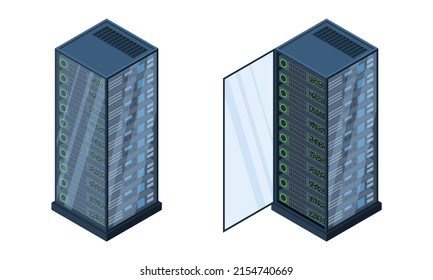 Isometrische Server. Datenspeicher. 3D-Computerausrüstung. Speicherdatenbank. Netzwerk des Ausrüstungsservers. Big Data Illustration