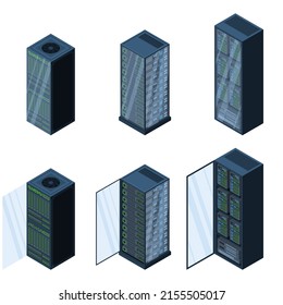 Isometrische Server. Datenspeicher. 3D-Computerausrüstung. Speicherdatenbank. Netzwerk des Ausrüstungsservers. Big Data Illustration