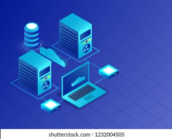 Isometric servers and laptop connected with cloud server for Data Center or Database concept.