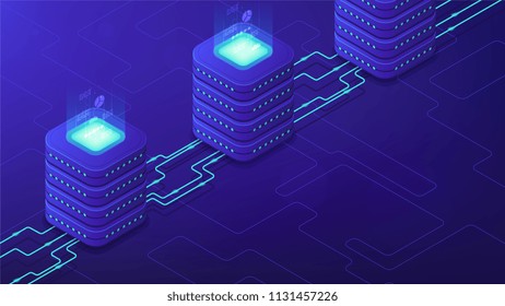 Isometric server-side processing concept. DNS, data tables, paging, searching, ordering, SQL engine, remote server, communications protocol on blue background. Vector 3d isometric illustration.