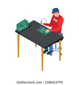 Isometric service center worker repairing computer motherboard 3d vector illustration