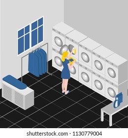 Isometric service coin laundry interior with equipment washing and ironing machines. Cleaning service company. Housework and household vector illustration