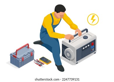 Isometric service engineer repairing or adjusting diesel power generator. Portable electric power-generator, industrial diesel generator. Standby-generator.