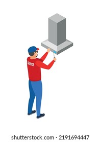 Isometric serviceman fixing cooker hood 3d vector illustration