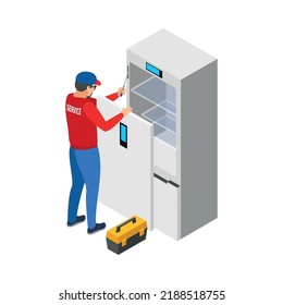 Isometric serviceman with tool kit repairing fridge 3d vector illustration