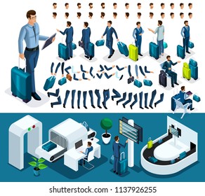 Isometric set 1 create your character, businessman at the airport. Set of gestures of hands, feet, emotions of the character, a set of different hairstyles.