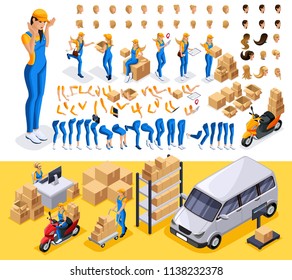 Isometric set 1 Create your character, courier, girl from the delivery service. Set of gestures of hands, feet, emotions of the character, a set of different hairstyles.