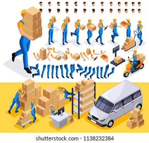 Isometric set 1 Create your character, courier, man from the delivery service. Set of gestures of hands, feet, emotions of the character, a set of different hairstyles.