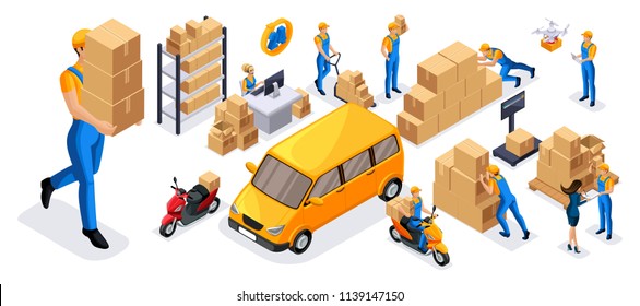 Isometric set of 1 service delivery icons, couriers carry orders, ride on official vehicles, scooter, car, drone quadrocopter, fast delivery.