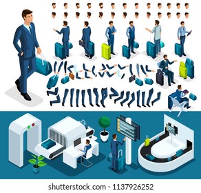 Isometric set 2 create your character, businessman at the airport. Set of gestures of hands, feet, emotions of the character, a set of different hairstyles.