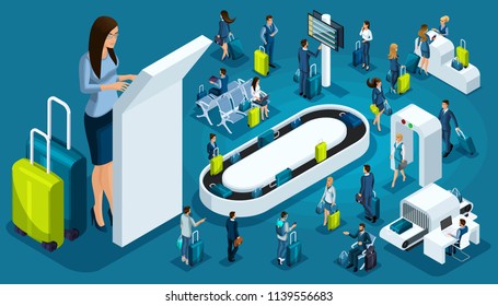 Isometric set 2, international airport icons, passengers with luggage, big business lady on a business trip, transit zone, air lines.