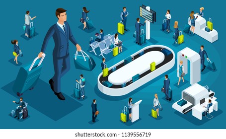 Isometric set 2, international airport icons, passengers with luggage, big businessman on a business trip, transit zone, air lines.