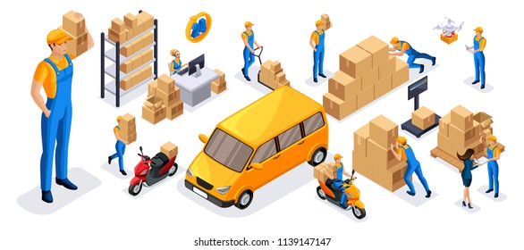 Isometric set of 2 service delivery icons, couriers carry orders, ride on official vehicles, scooter, car, drone quadrocopter, fast delivery.