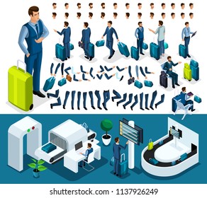 Isometric set 3 create your character, businessman at the airport. Set of gestures of hands, feet, emotions of the character, a set of different hairstyles.