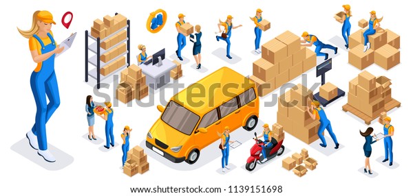 Isometric set 3 icons of delivery service,\
girls couriers carry orders, ride on official vehicles, scooter,\
car, quadrocopter, fast\
delivery.
