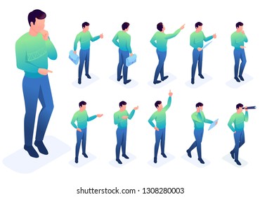 Isometric set 3 of poses and gestures of the character. To create vector illustrations, isolated background.