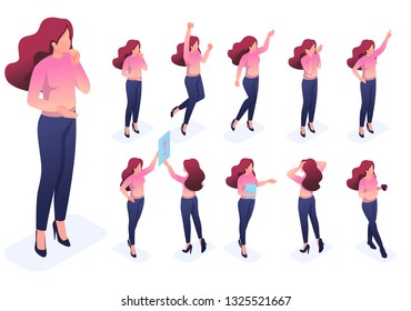 Isometric set 3 of poses and gestures of the character, woman. To create vector illustrations, isolated background.