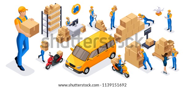 Isometric set of 3 service delivery icons,\
couriers carry orders, ride on official vehicles, scooter, car,\
drone quadrocopter, fast\
delivery.
