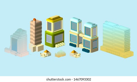 Isometric set 3D city three-dimensional summer town quarter. Skyscrapers, apartment, office, houses and streets with urban traffic movement of the car with trees and nature - Vector