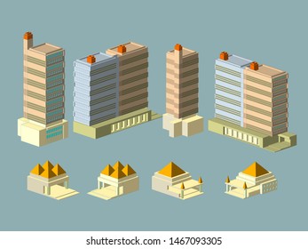 Isometric set 3D city three-dimensional summer town quarter. Skyscrapers, apartment, office, houses and streets with urban traffic movement of the car with trees and nature - Vector