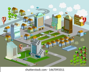 Isometric set 3D city three-dimensional summer town quarter. Skyscrapers, apartment, office, houses and streets with urban traffic movement of the car with trees and nature - Vector