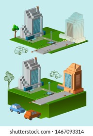 Isometric set 3D city three-dimensional summer town quarter. Skyscrapers, apartment, office, houses and streets with urban traffic movement of the car with trees and nature - Vector