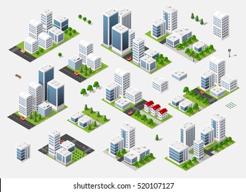 Isometric set 3D city three-dimensional summer town quarter. Skyscrapers, apartment, office, houses and streets with urban traffic movement of the car with trees and nature